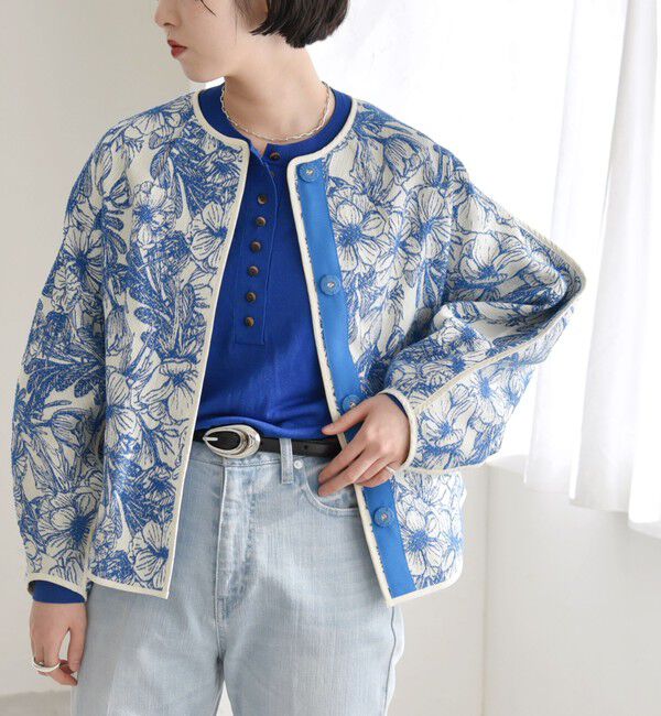 quaranciel「quaranciel: フラワー ジャカード パイピング ノーカラー ジャケット」|ノーカラージャケット|