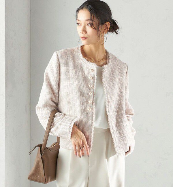 SHIPS for women「《一部追加予約》トライスピン 杢 ツイード パール モチーフ ボタン ジャケット（セレモニー対応可）」|ノーカラージャケット|