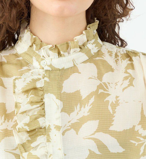 SOULEIADO「コットンリネンプリント フリルネックブラウス」|シャツ・ブラウス|