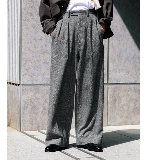 EDIFICE「m&rsquo;s braque (エムズ ブラック) TUCK WIDE BUGGY パンツ(へリンボン)」|スラックス|ブラック