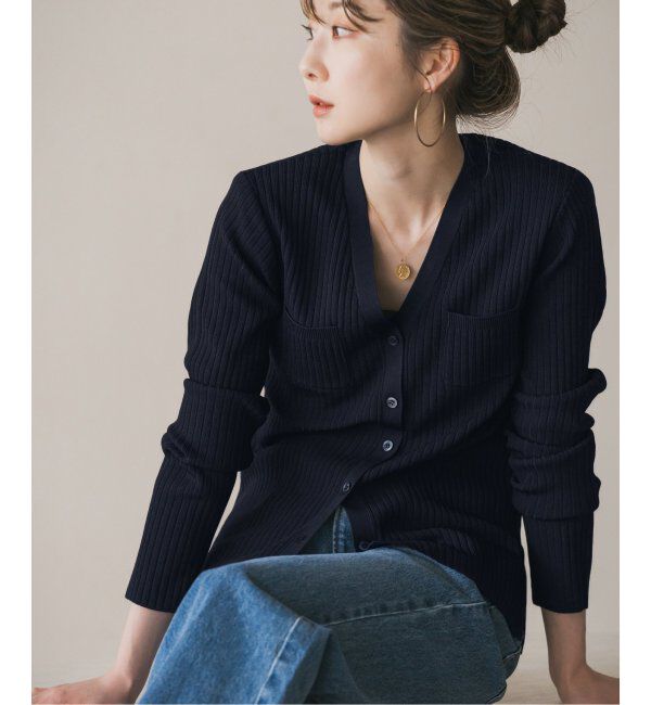NOBLE「ナローワイドリブVカーディガン」|ニット・セーター|ネイビー