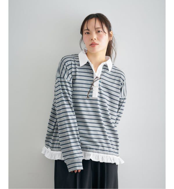 U by SPICK&SPAN「《予約》マルチボーダーフリルドッキングPO」|Tシャツ・カットソー|グレーA