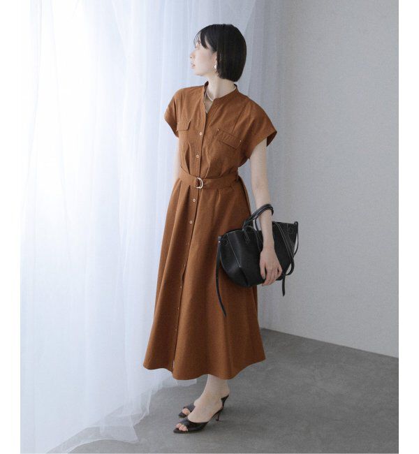  「【洗える】ポケットフレンチスリーブシャツワンピース」|ワンピース|
