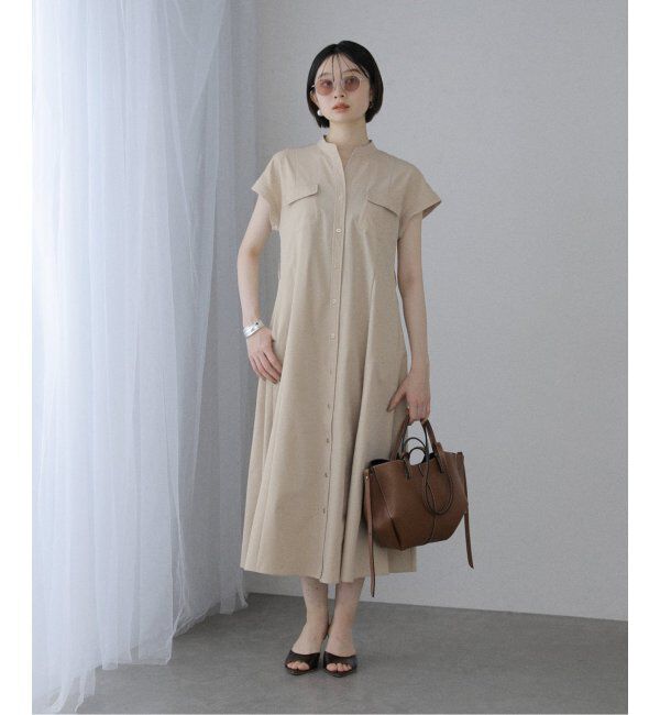 「【洗える】ポケットフレンチスリーブシャツワンピース」|ワンピース|