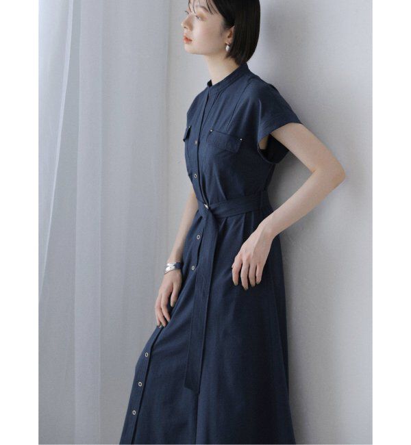  「【洗える】ポケットフレンチスリーブシャツワンピース」|ワンピース|ネイビー A