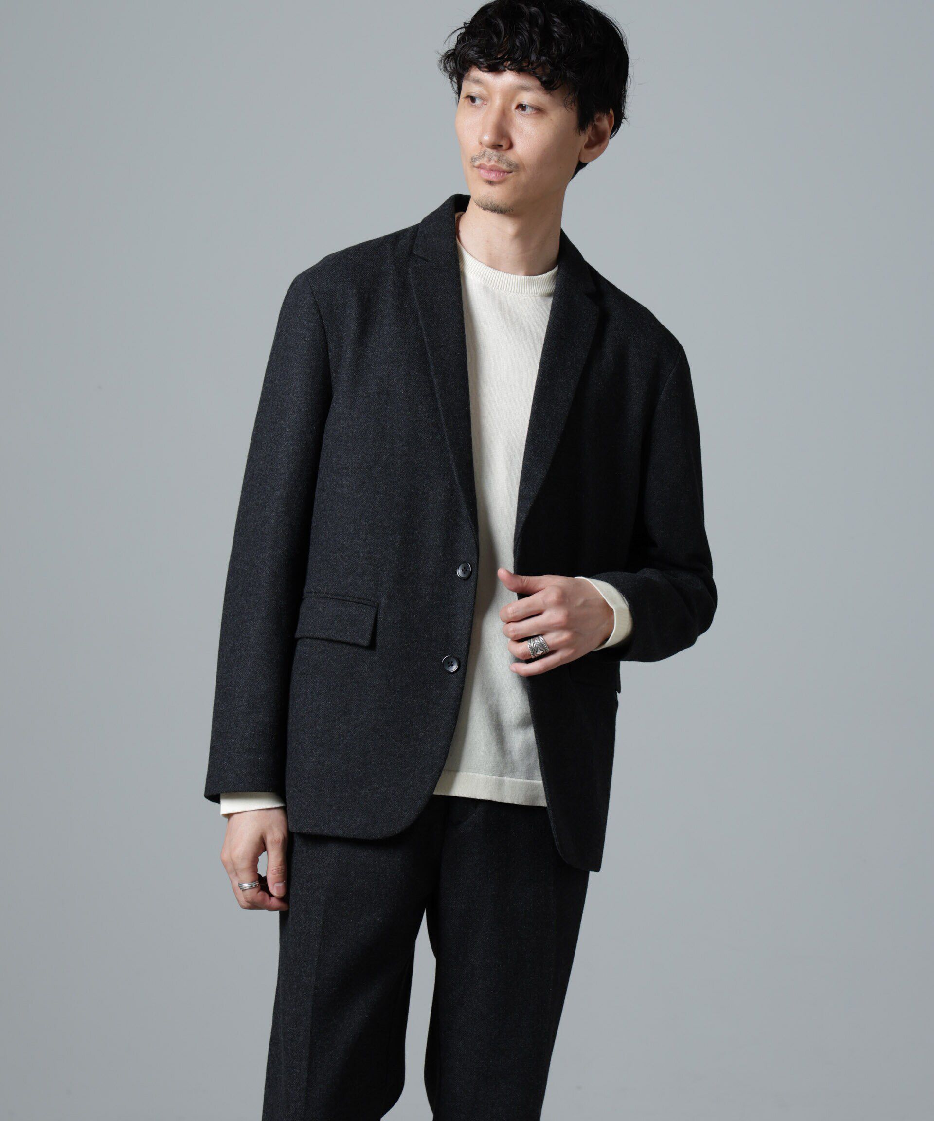 nano･universe「ヘリンボーンセミワイドジャケット(セットアップ可)」|テーラードジャケット|ブラック