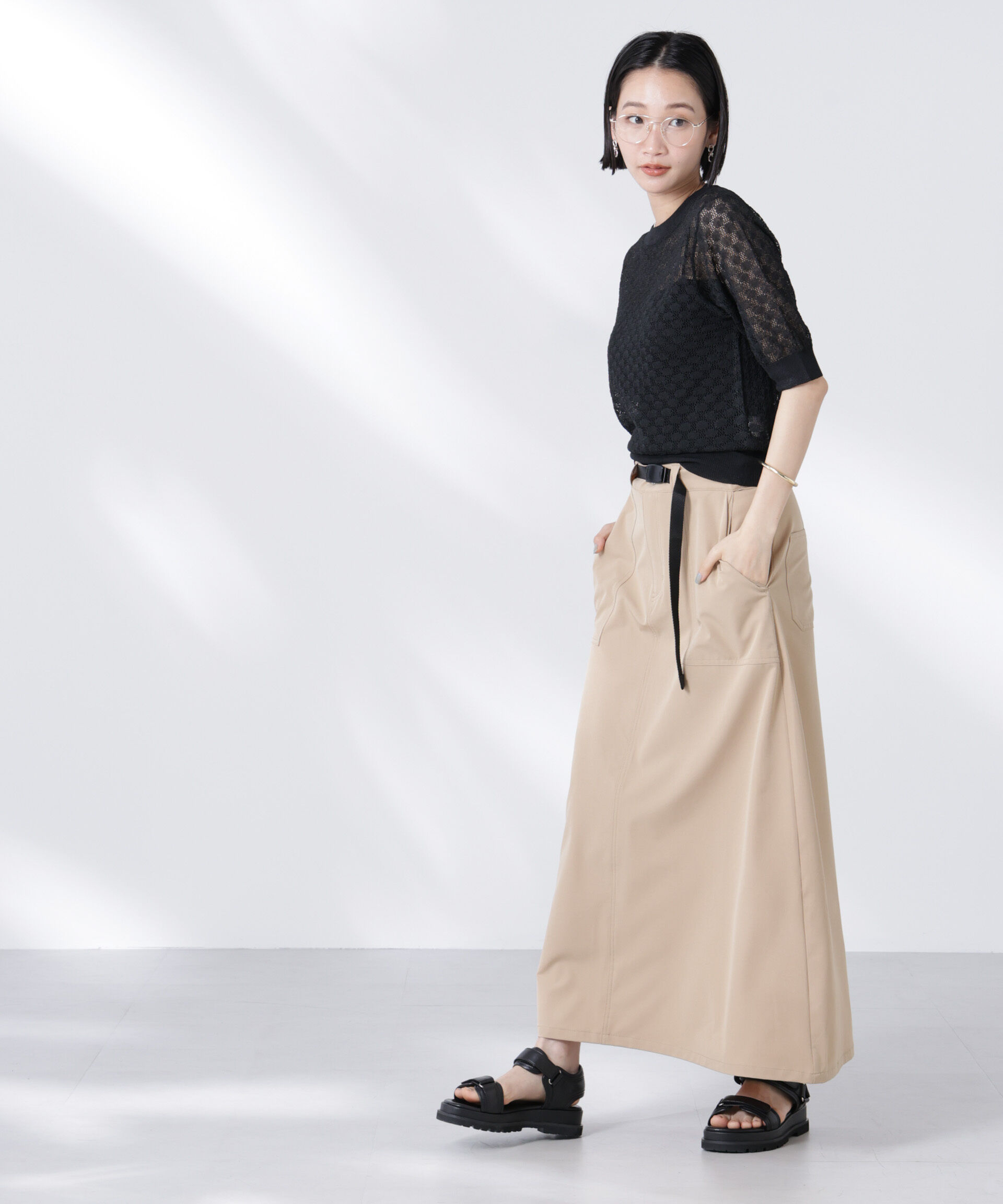 nano･universe「レース柄クルーネック半袖ニット」|ニット・セーター|