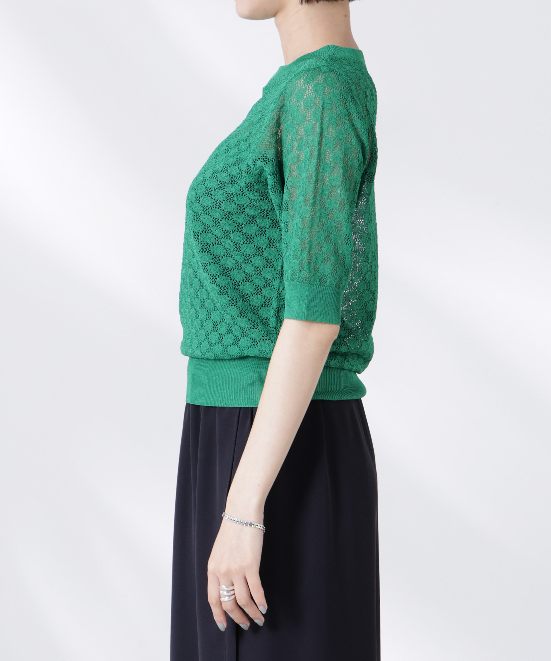 nano･universe「レース柄クルーネック半袖ニット」|ニット・セーター|