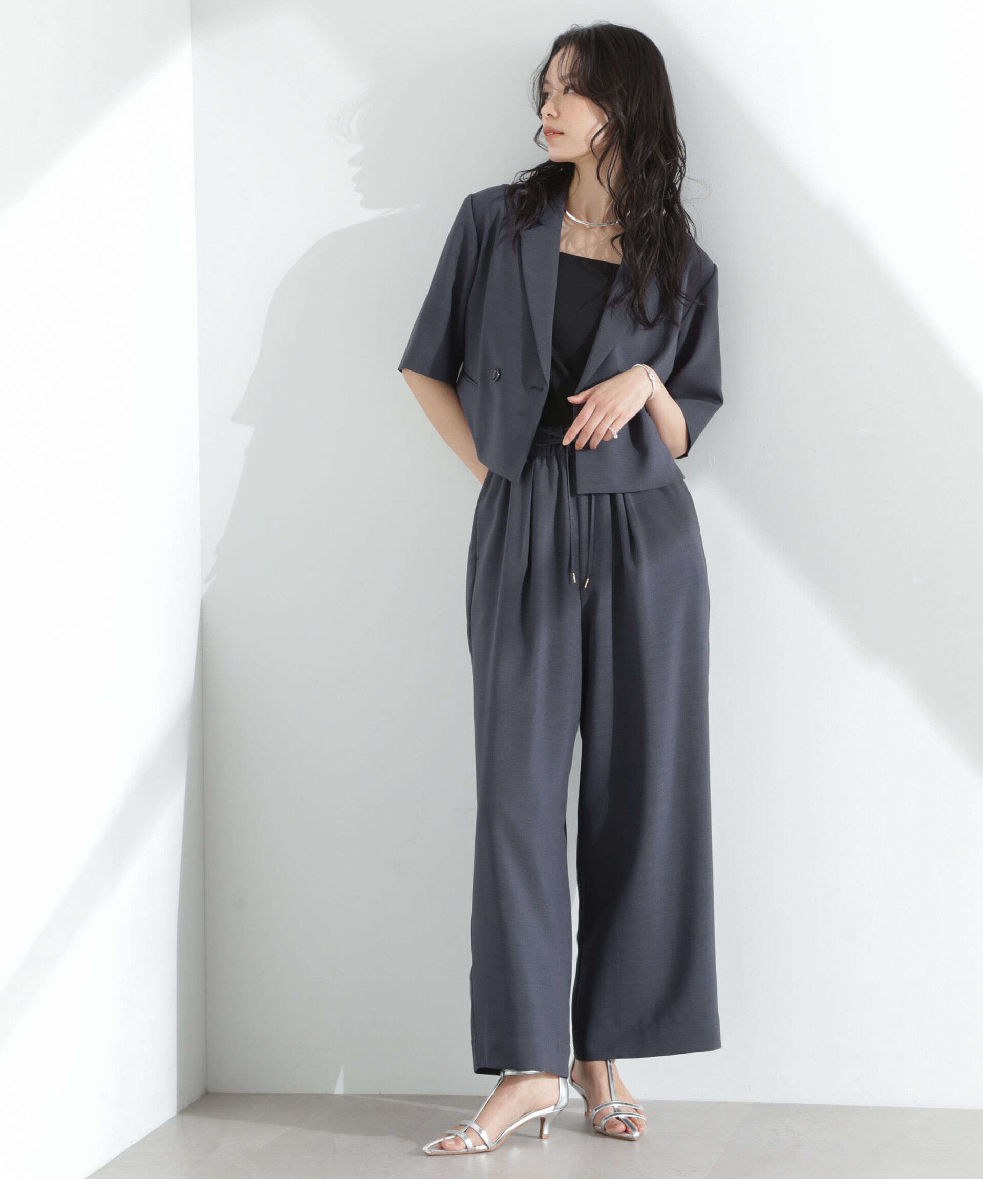 nano･universe「メランジドライ 半袖ショートダブルジャケット(セットアップ可)」|テーラードジャケット|