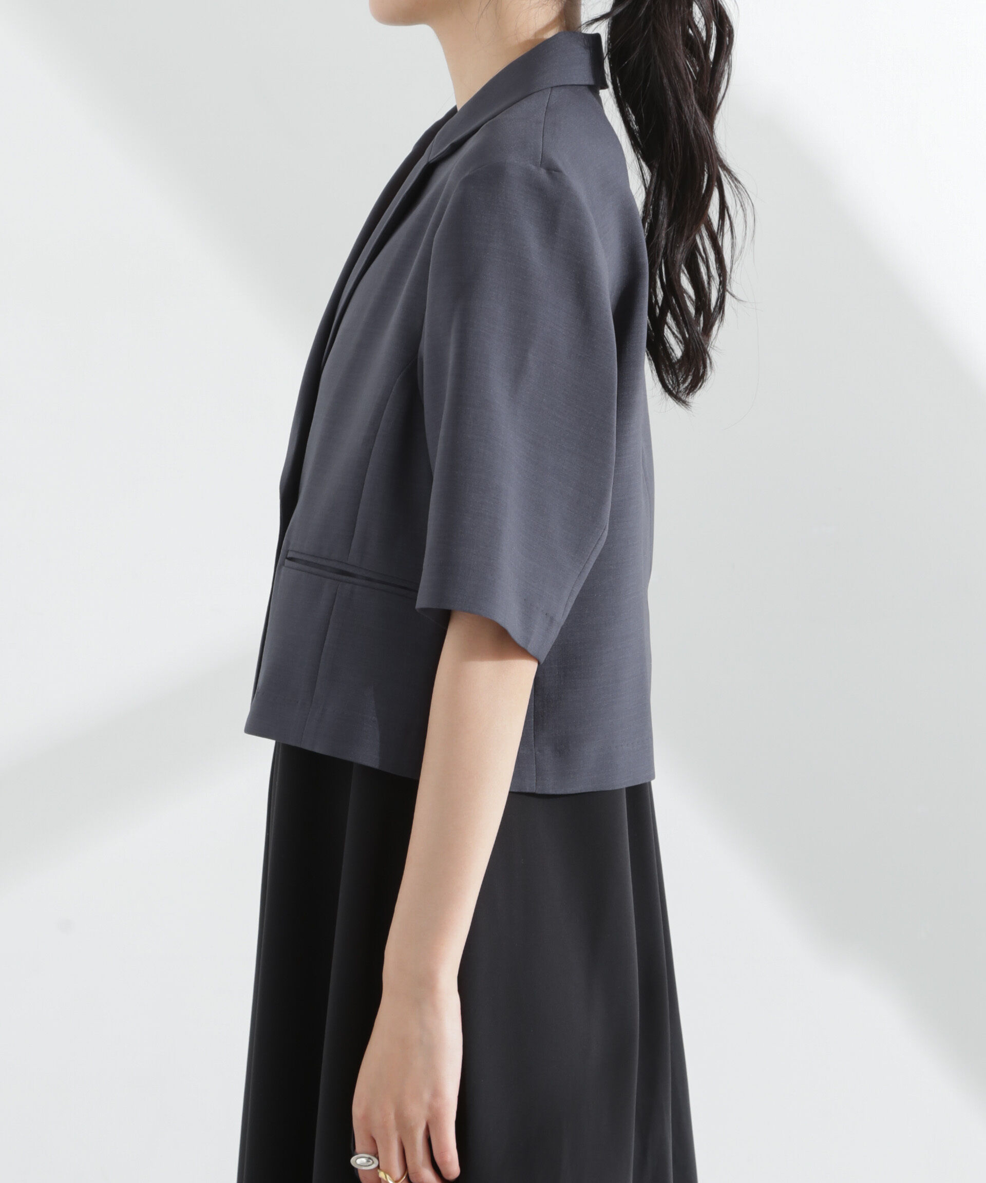 nano･universe「メランジドライ 半袖ショートダブルジャケット(セットアップ可)」|テーラードジャケット|
