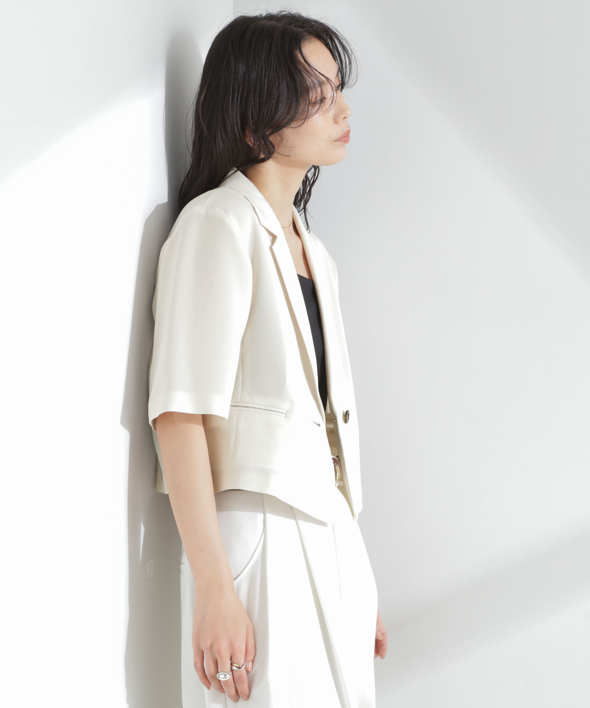 nano･universe「メランジドライ 半袖ショートダブルジャケット(セットアップ可)」|テーラードジャケット|
