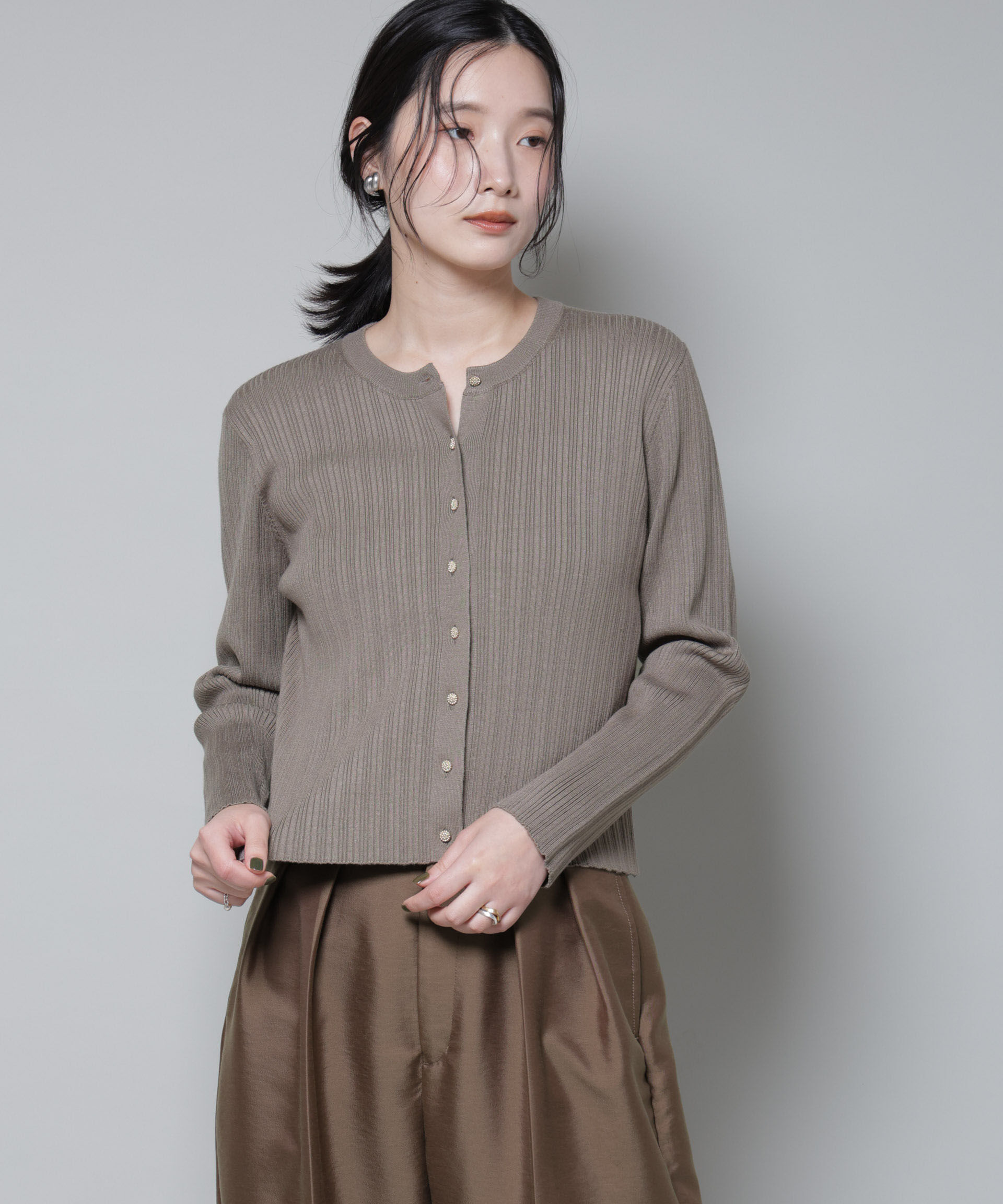 nano･universe「ホホバオイル加工ランダムリブカーディガン」|ニット・セーター|