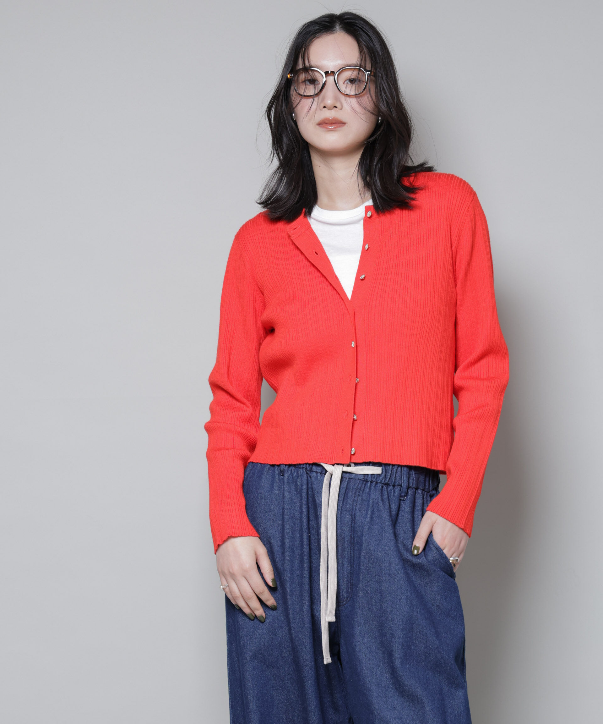 nano･universe「ホホバオイル加工ランダムリブカーディガン」|ニット・セーター|レッド