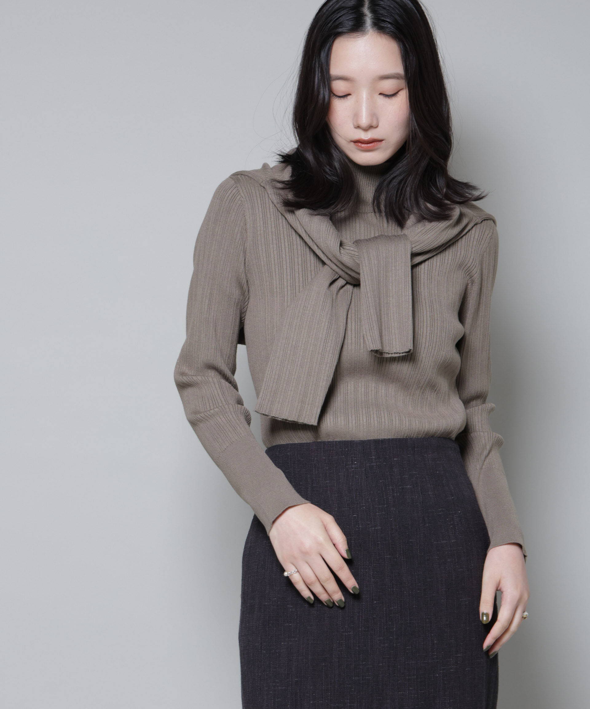 nano･universe「ホホバオイル加工ランダムリブタートルニット」|ニット・セーター|モカ3