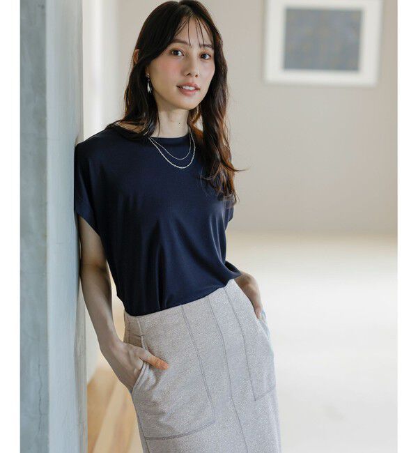 ANY SIS「【接触冷感・UVカット・洗える】ハイストレッチスムースフレンチスリーブ カットソー」|Tシャツ・カットソー|ネイビー