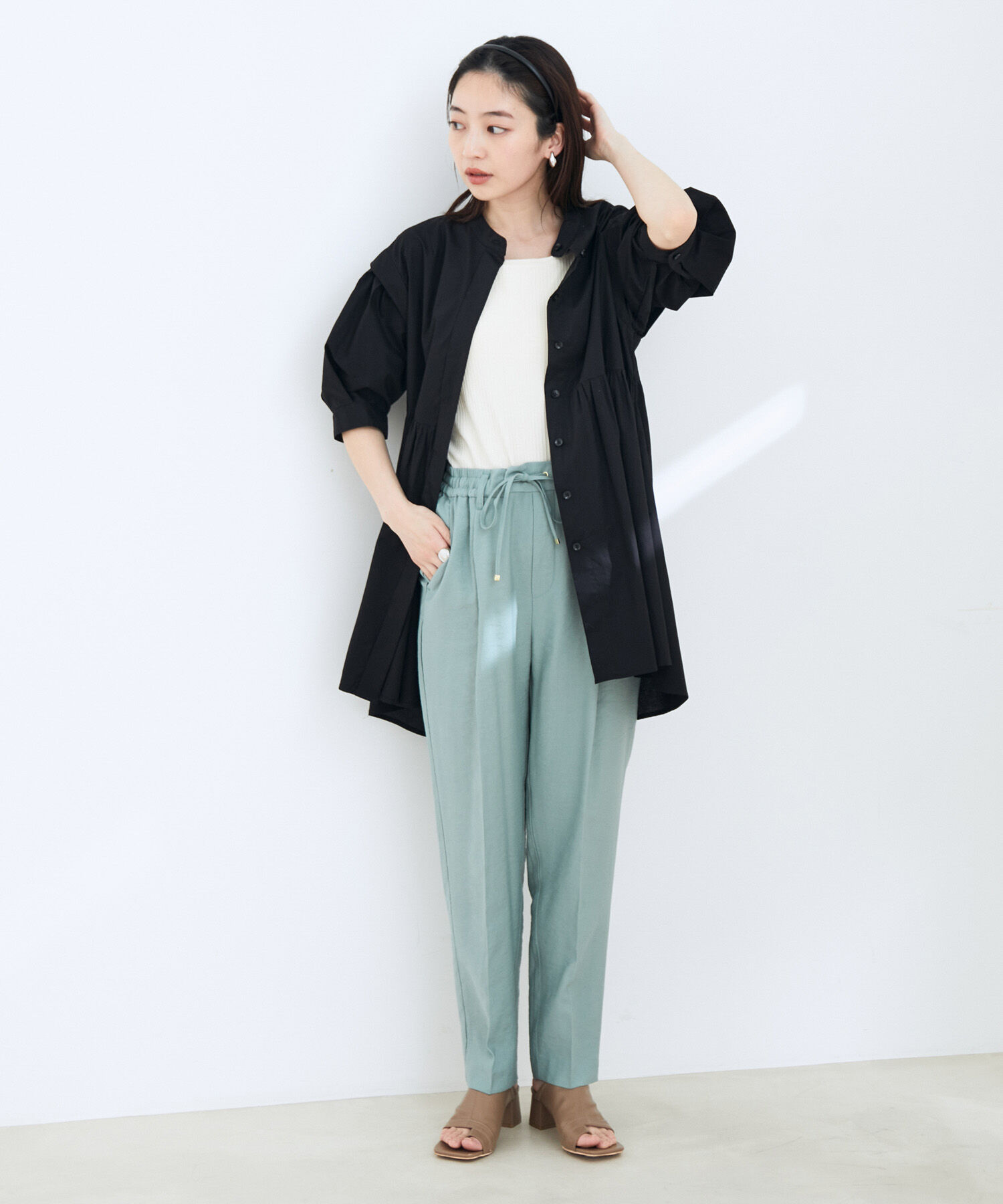 VIS「ストライプ/無地タイプライターチュニックブラウス」|シャツ・ブラウス|