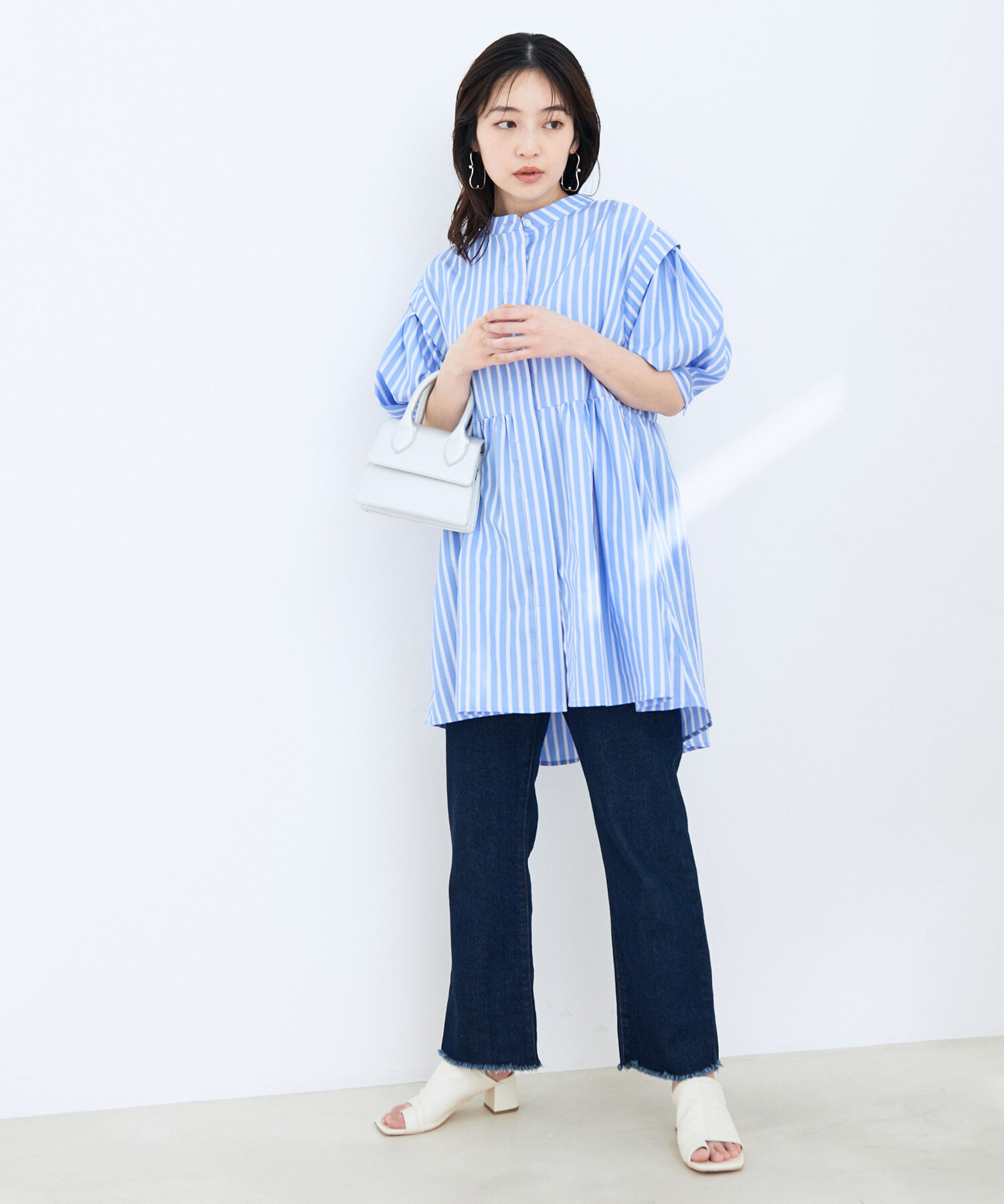 VIS「ストライプ/無地タイプライターチュニックブラウス」|シャツ・ブラウス|
