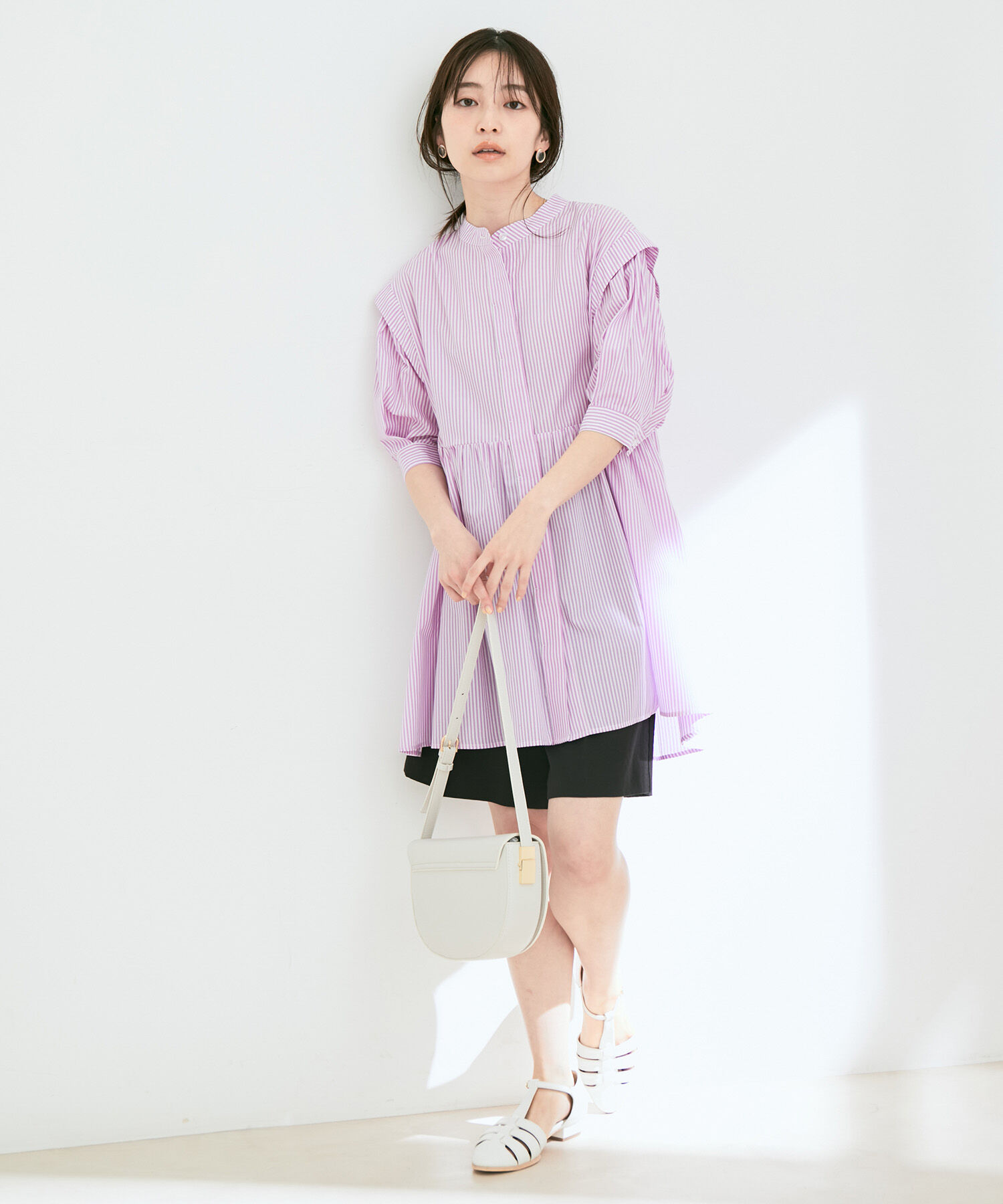 VIS「ストライプ/無地タイプライターチュニックブラウス」|シャツ・ブラウス|