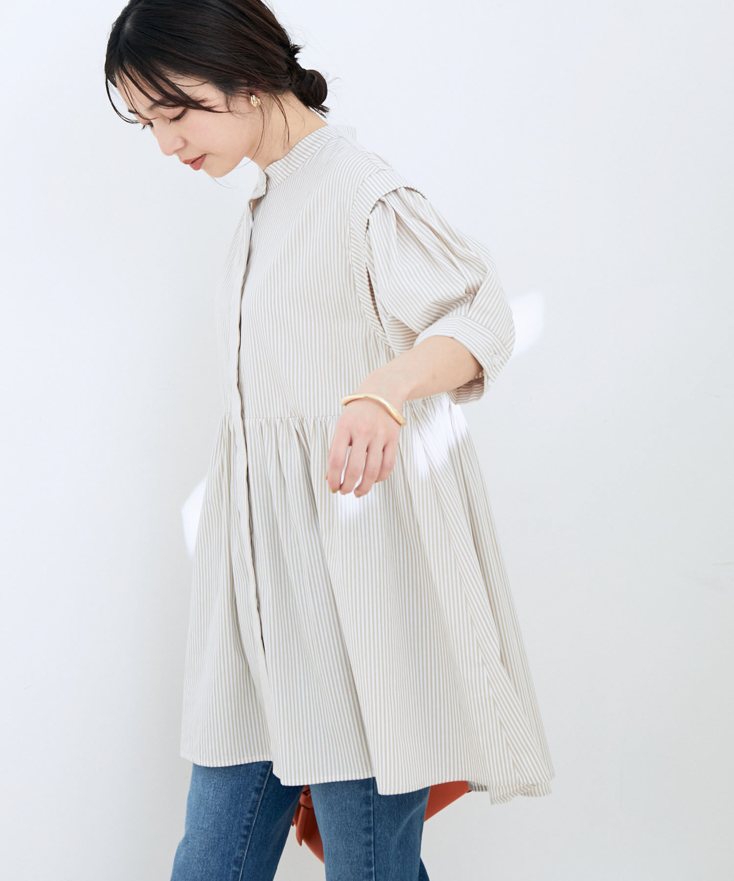 VIS「ストライプ/無地タイプライターチュニックブラウス」|シャツ・ブラウス|