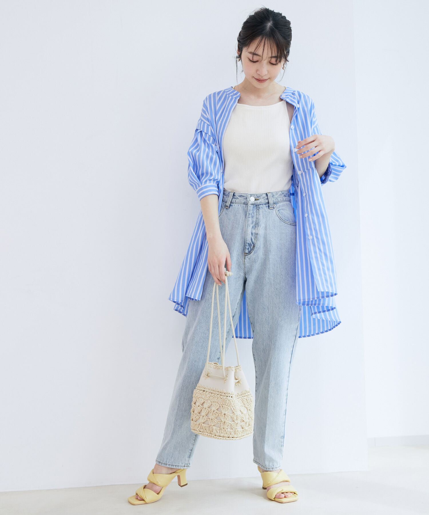 VIS「ストライプ/無地タイプライターチュニックブラウス」|シャツ・ブラウス|