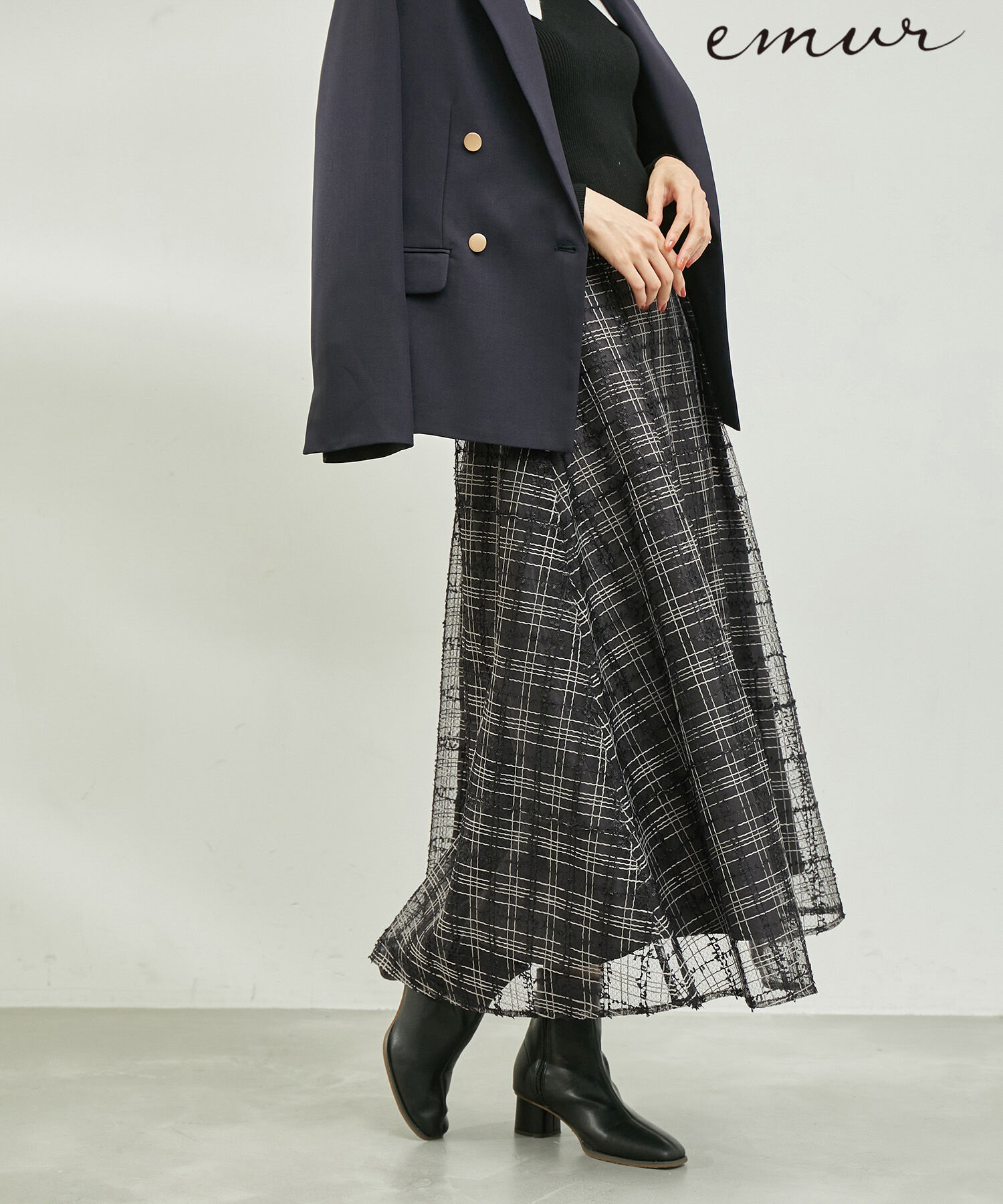 Rope&rsquo;Picnic「【emur/エミュール】チュールツイーディーチェックスカート」|スカート|ブラック(01)