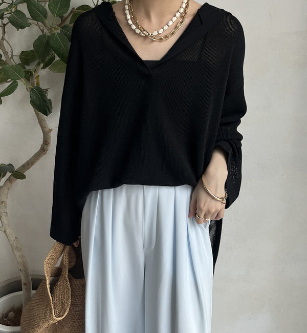  「リネン混フーディー」|ニット・セーター|ブラック