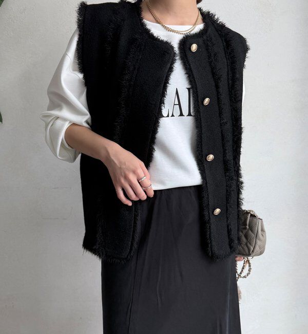  「【WEB限定】フリンジニットベスト」|カーディガン|ブラック