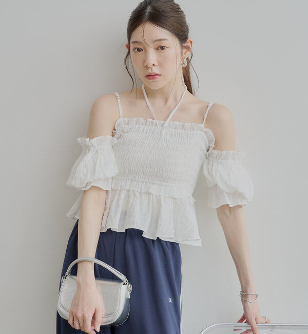  「【マルチウェイ】シャーリングリボンオフショルトップス」|シャツ・ブラウス|ホワイト