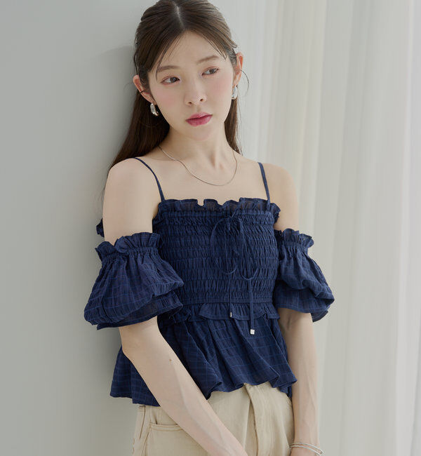  「【マルチウェイ】シャーリングリボンオフショルトップス」|シャツ・ブラウス|ネイビー