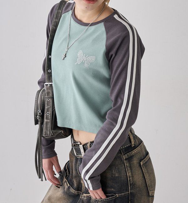  「【WEB限定】ラインストーンラグランバタフライトップス」|Tシャツ・カットソー|ミント