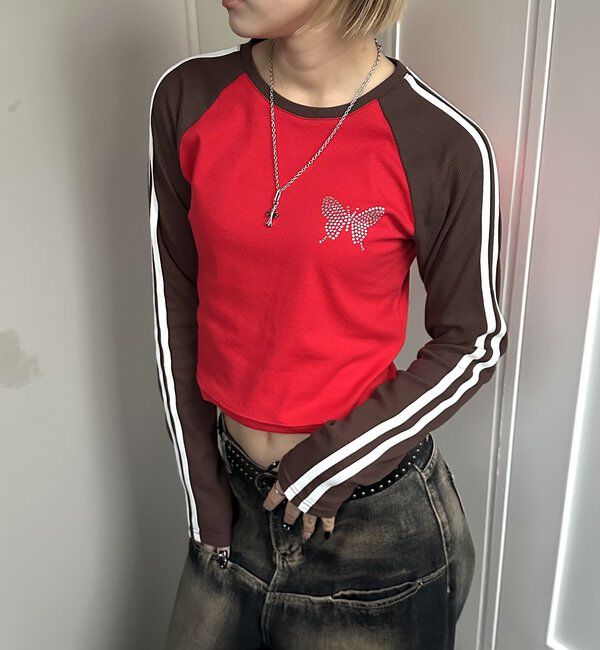  「【WEB限定】ラインストーンラグランバタフライトップス」|Tシャツ・カットソー|