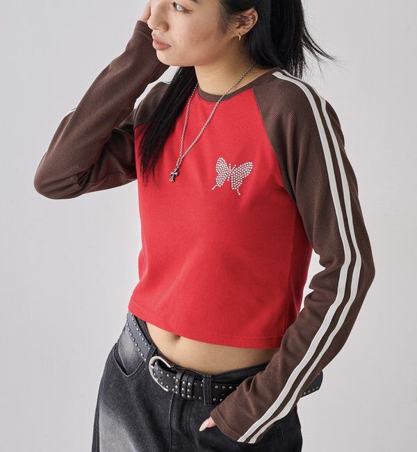  「【WEB限定】ラインストーンラグランバタフライトップス」|Tシャツ・カットソー|