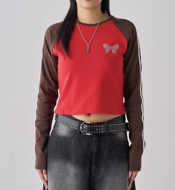  「【WEB限定】ラインストーンラグランバタフライトップス」|Tシャツ・カットソー|