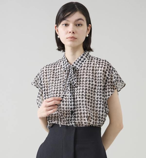 TIARA「サマークラシック千鳥プリントリボンタイシャツ（セットアップ可）」|シャツ・ブラウス|ブラック