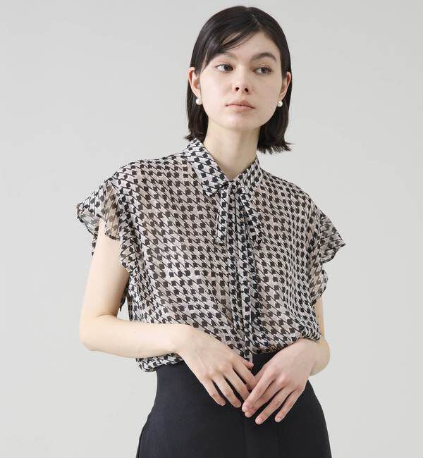 TIARA「サマークラシック千鳥プリントリボンタイシャツ（セットアップ可）」|シャツ・ブラウス|