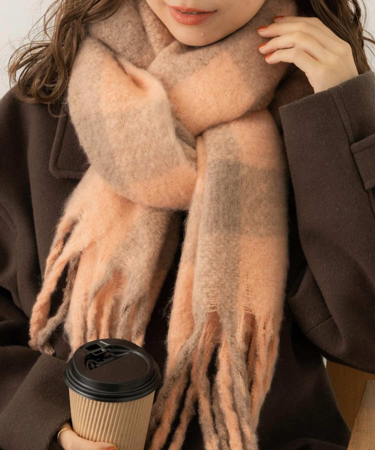 SMELLY「ブロックチェックボリュームマフラー」|マフラー|オレンジ