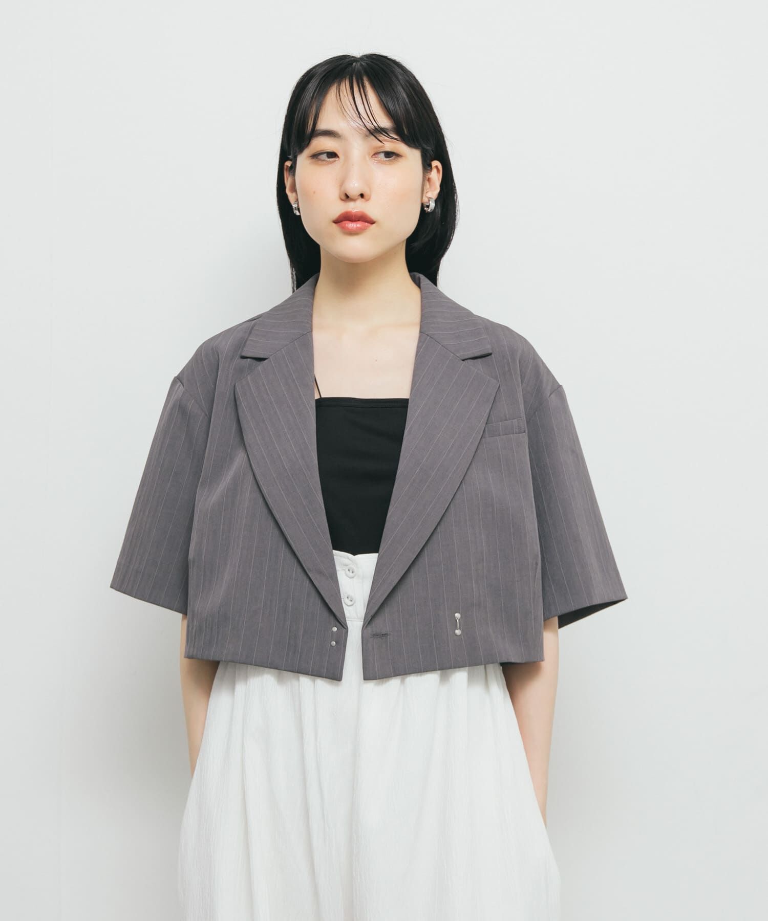  「ストライプショートジャケット」|その他|チャコールグレー