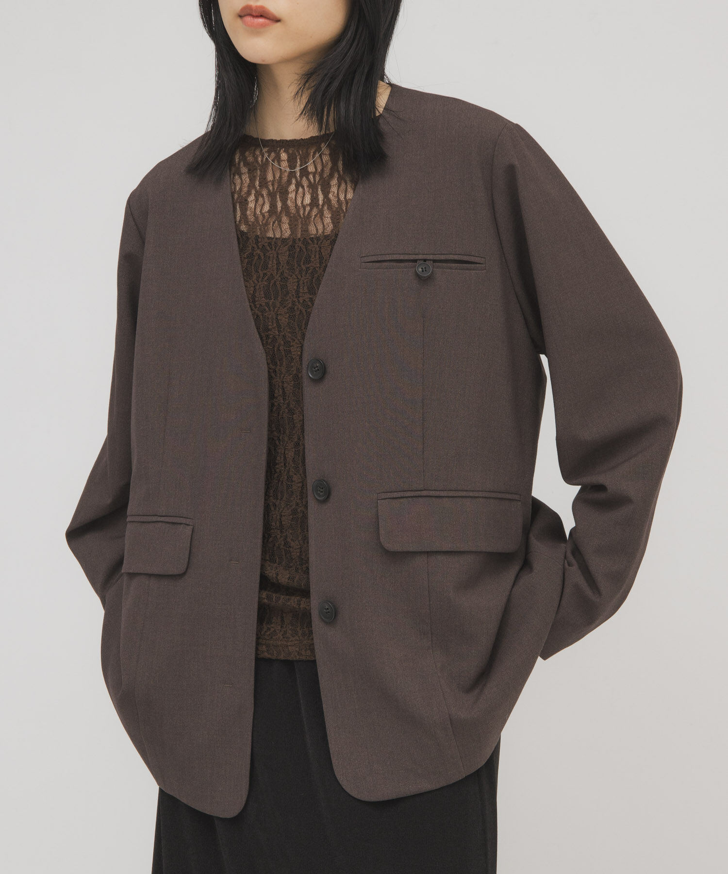  「ノーカラーデザインジャケット」|ノーカラージャケット|