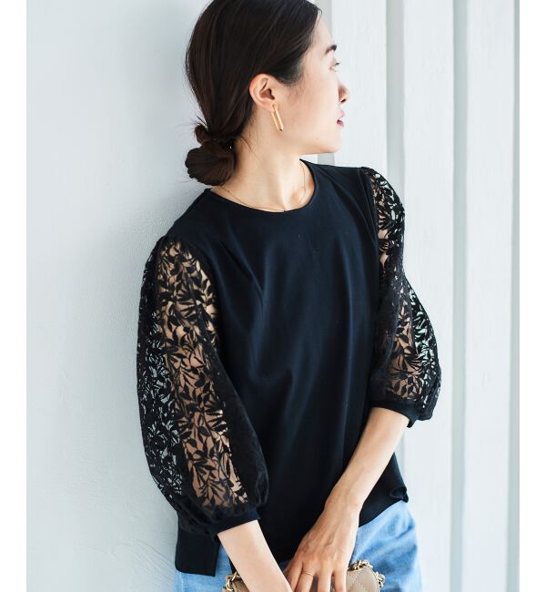  「《手洗い可能》シアーレースキリカエプルオーバー」|Tシャツ・カットソー|ブラック
