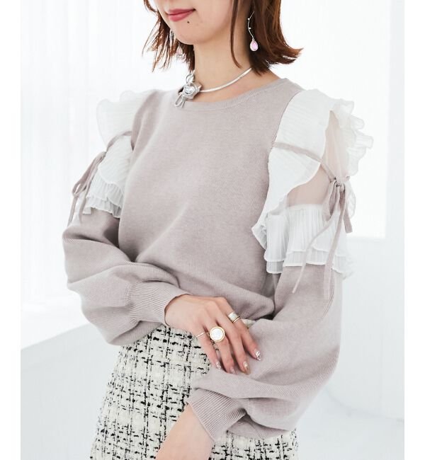 MAJESTICLEGON「プリーツフリルニット」|ニット・セーター|ピンクベージュ