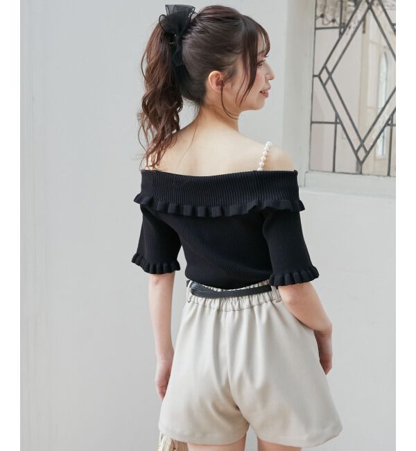  「パールチェーンオフショルフリルニット」|ニット・セーター|