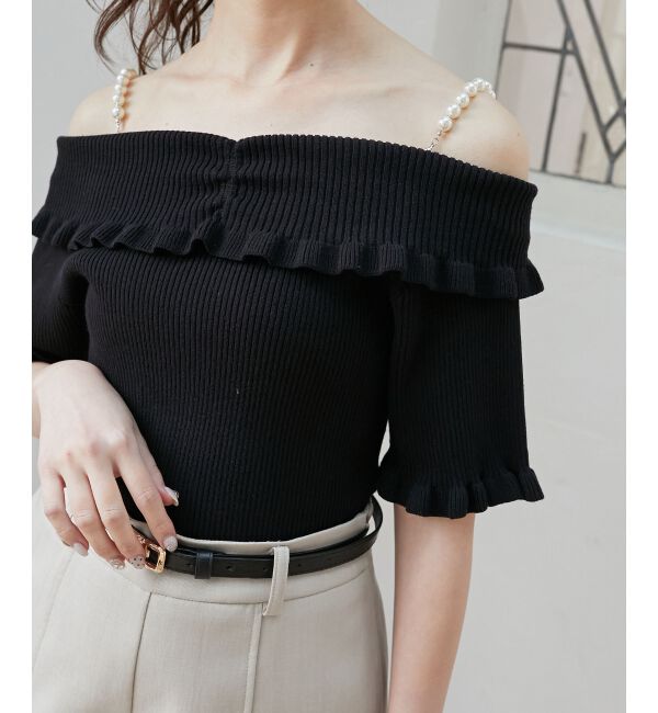  「パールチェーンオフショルフリルニット」|ニット・セーター|