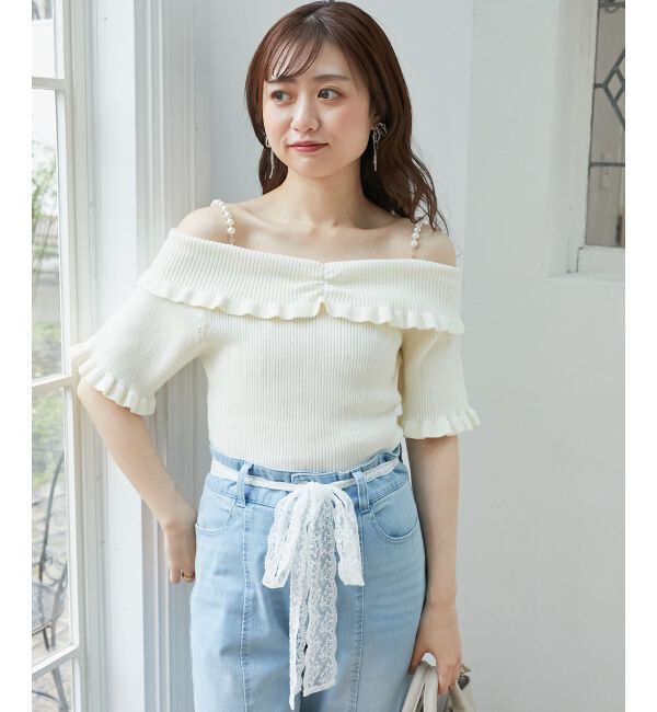  「パールチェーンオフショルフリルニット」|ニット・セーター|