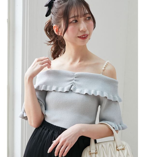  「パールチェーンオフショルフリルニット」|ニット・セーター|ブルーグレー