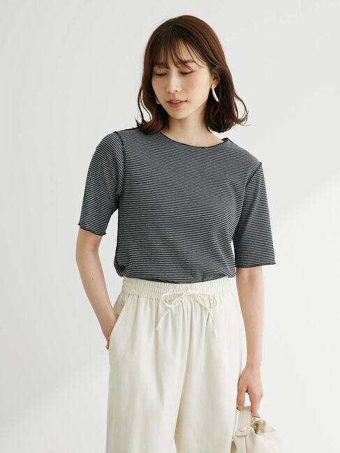 Green Parks「メローリブ5分袖ボーダープルオーバー」|Tシャツ・カットソー|ブラック