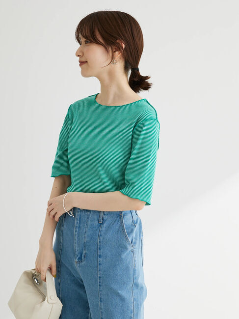 Green Parks「メローリブ5分袖ボーダープルオーバー」|Tシャツ・カットソー|Green