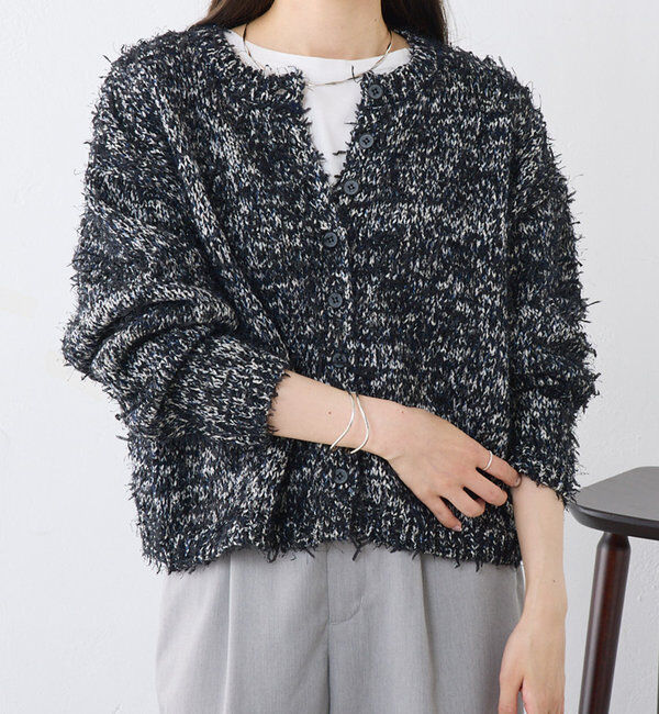  「異素材MIXリボンテープヤーンカーディガン」|カーディガン|ネイビー