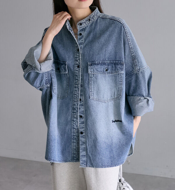  「【PUAL名品！】ヴィンテージライクデニムバンドカラーシャツ」|シャツ・ブラウス|