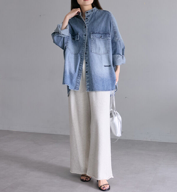  「【PUAL名品！】ヴィンテージライクデニムバンドカラーシャツ」|シャツ・ブラウス|