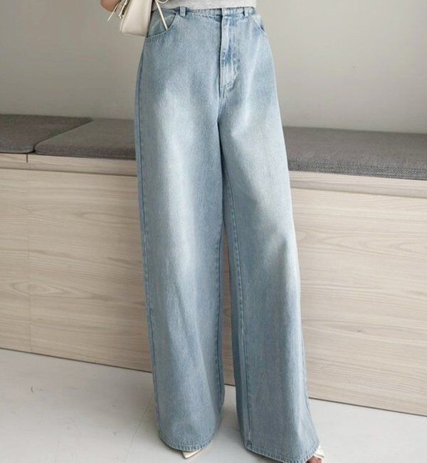  「【ウエストサイズ調整可】美脚ワイドデニム」|その他|サックスブルー